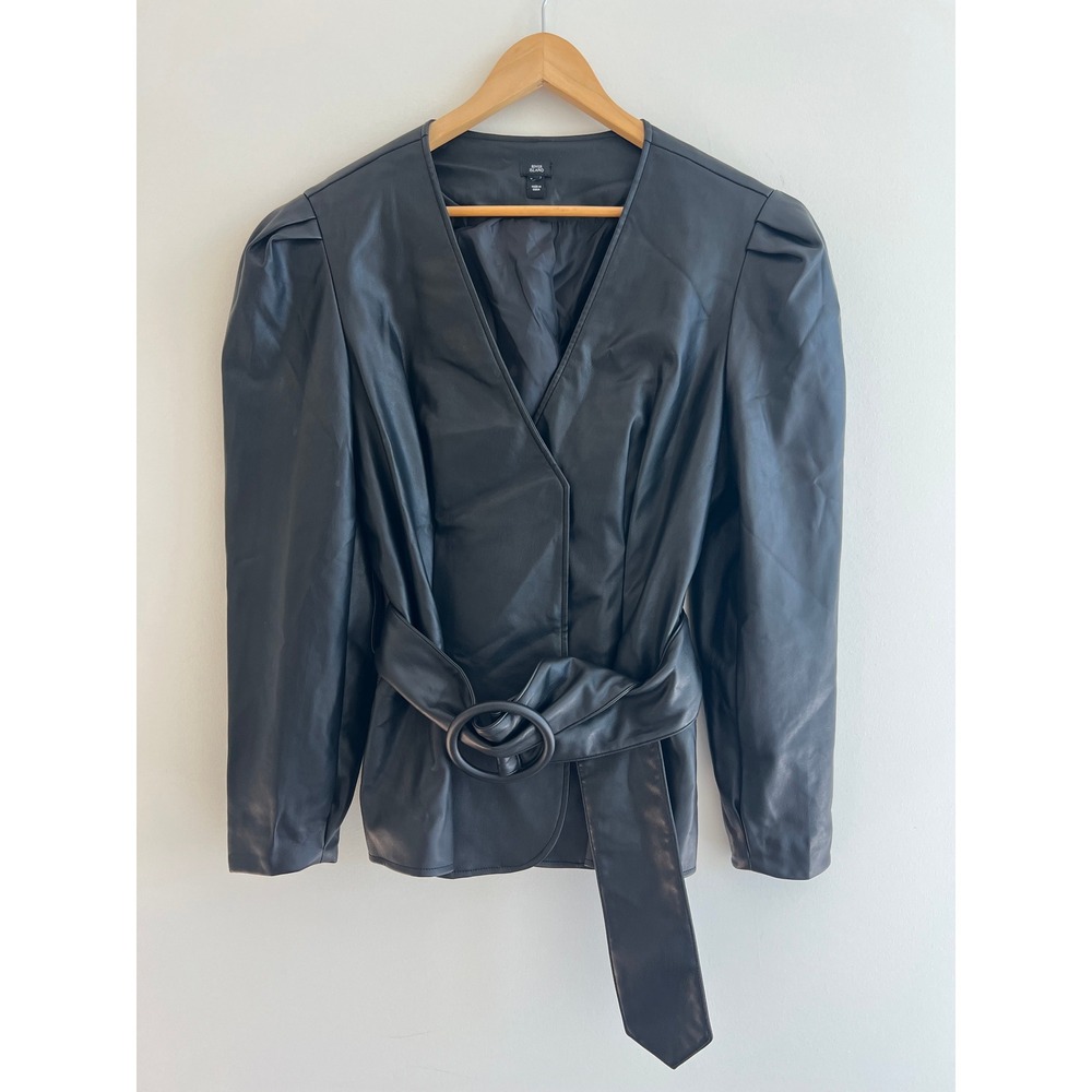 River‎ Island Black Faux Leather Wrap Belted Jacket US 12 Office Siren Edgy Chic